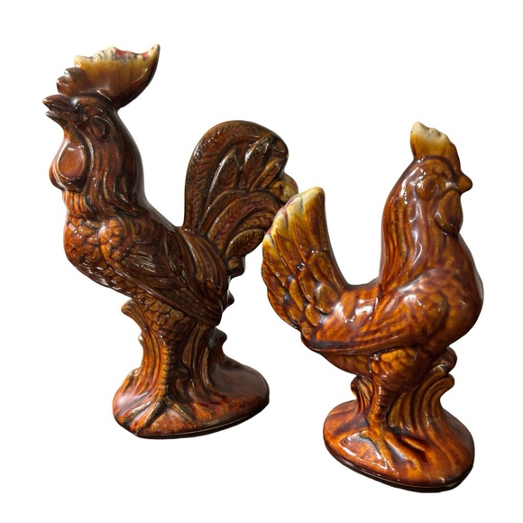 Vintage Drip Glaze Ceramic Rooster & Hen Figurines Set of 2 - Picture 1 of 10